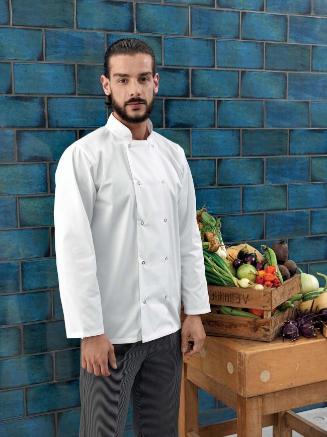 Vêtements de travail pour cuisinier en vente avec de nombreux modèles et coloris disponibles chez Textile Direct Veste de cuisine manches longues à boutons pression PR665 - White en vente chez Textile Direct